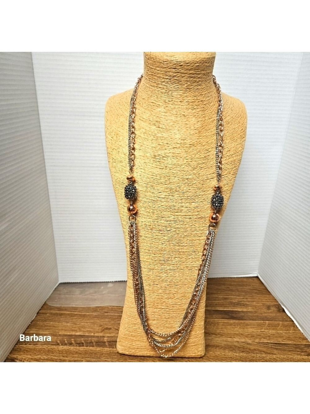 Multi-Chain Opera Length Necklace with Black Rhinestone Cluster Accents
